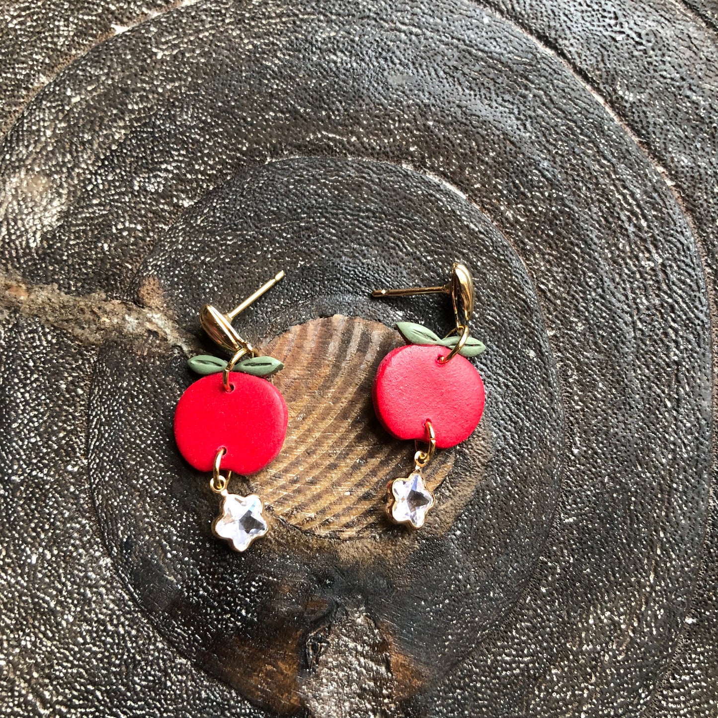 Red Apple Polymer Clay Dangle Earrings on 14K Gold Filled Posts, Hypoallergenic
