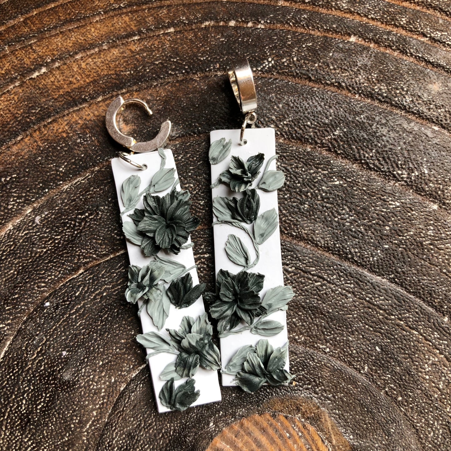 Grey Florals, Polymer Clay Dangles on Stainless Steel Huggies