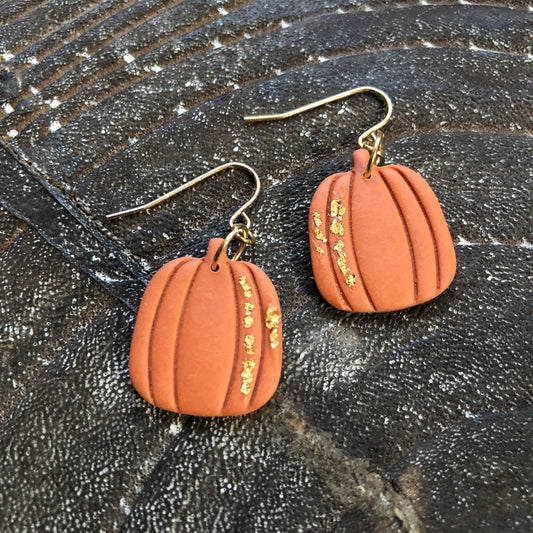 Pumpkin Dangles in Orange Polymer Clay on 14k Gold Filled Hooks