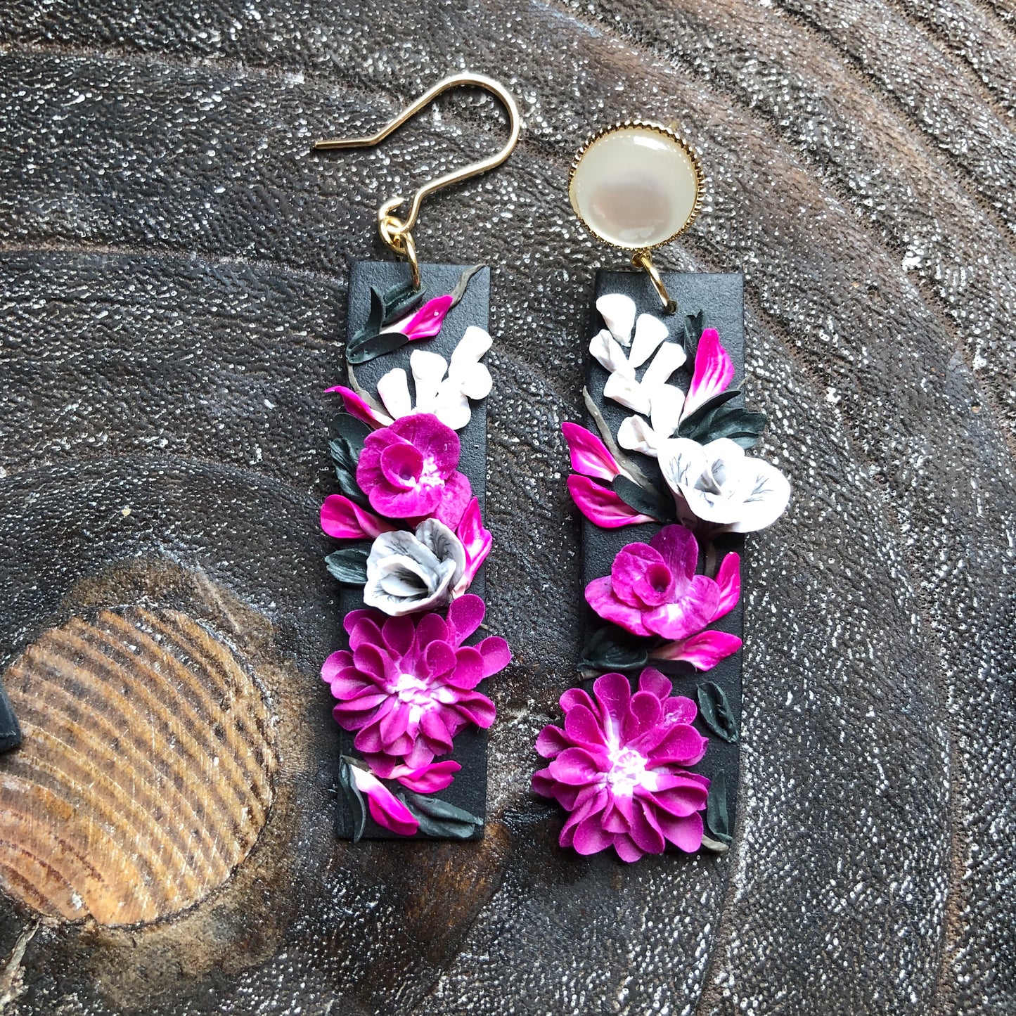 Fuchsia Florals, Polymer Clay Dangles on 14k Gold Filled Posts or Hooks