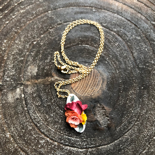 Summer 2025 Polymer Clay Collection, Oval Floral Necklace on 14k Gold Filled Chain