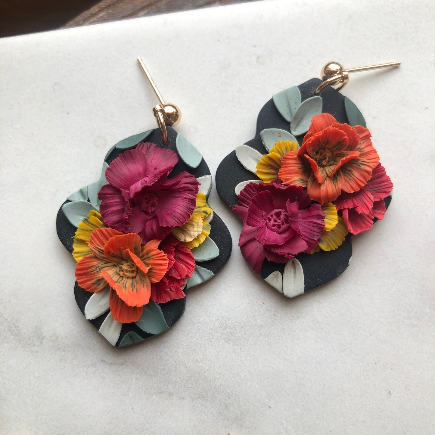 Wild Flowers in Polymer Clay on 14k Gold