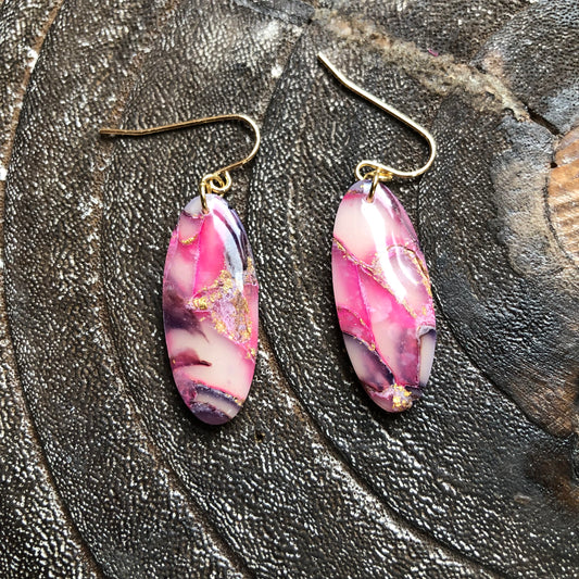 Pinks and Golds, Polymer Clay Oval Dangles on 14k Gold Filled Hooks
