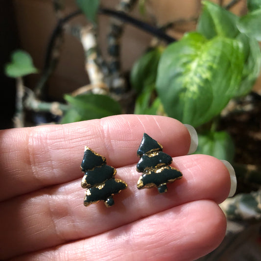 Dark Green Christmas Tree Studs, Polymer Clay on Surgical Stainless Steel