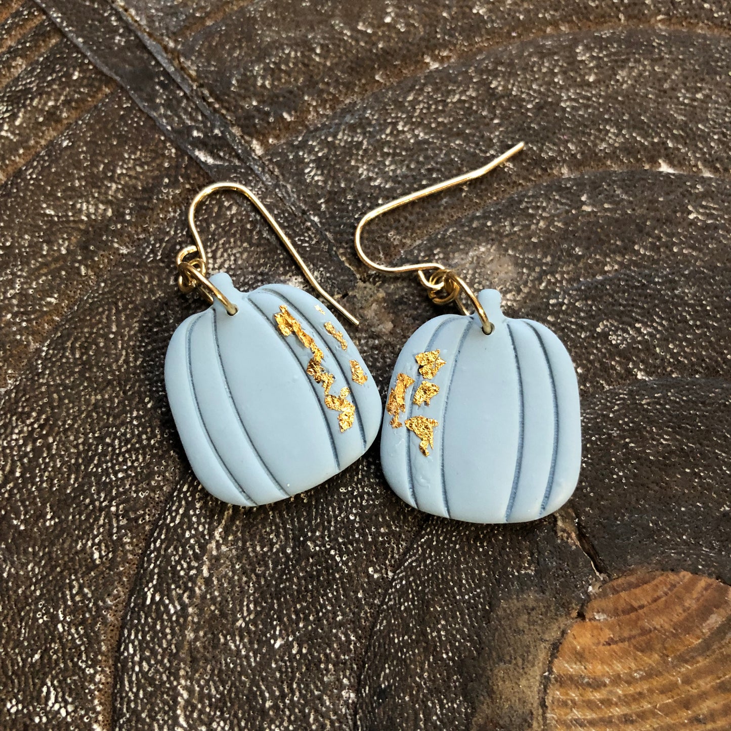 Pumpkin Dangles in Blue Polymer Clay, on 14k Gold Filled Hooks