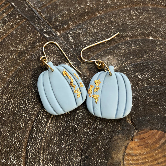 Pumpkin Dangles in Blue Polymer Clay, on 14k Gold Filled Hooks