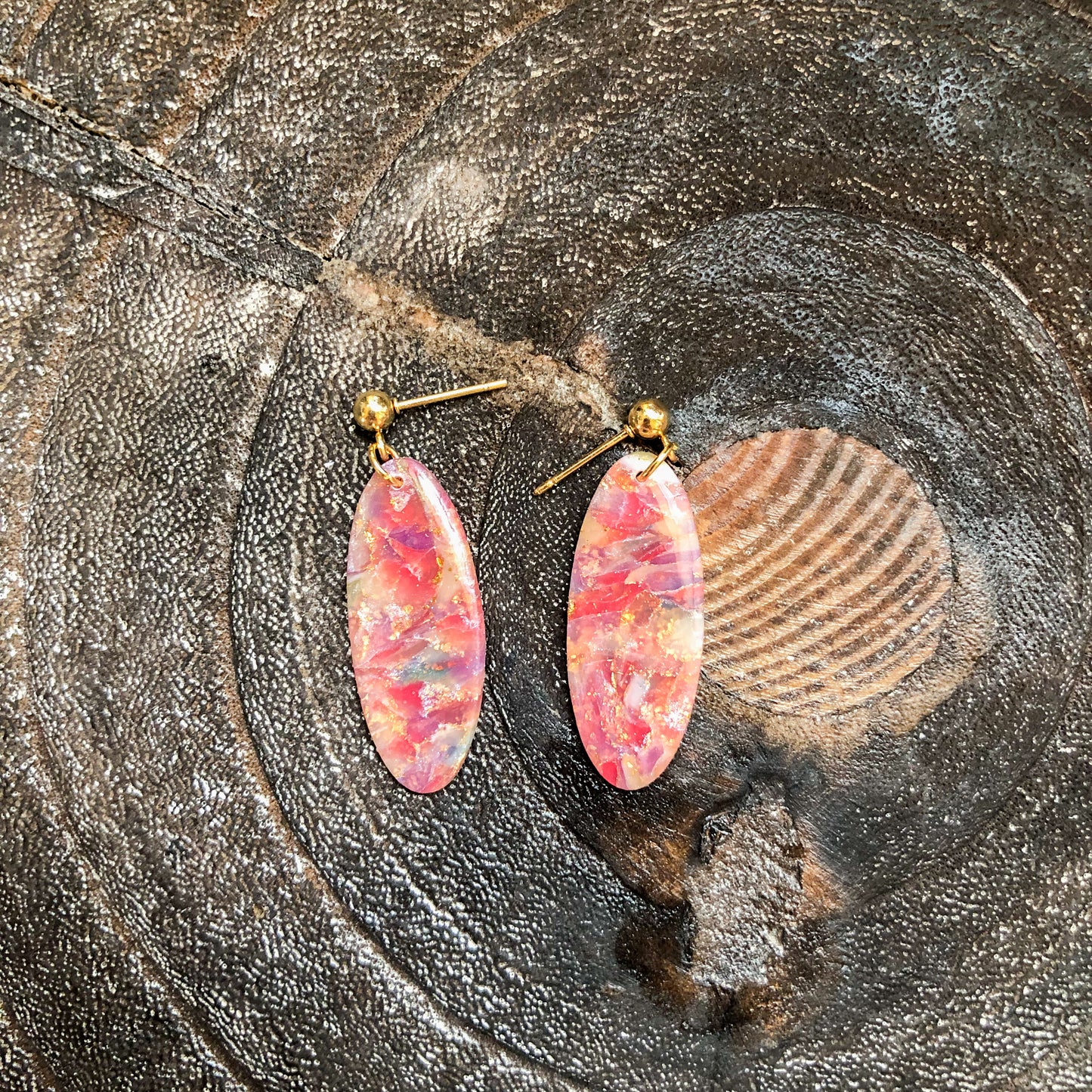 Flecks of Gold Collection, Oval Dangles on Gold Ball Posts