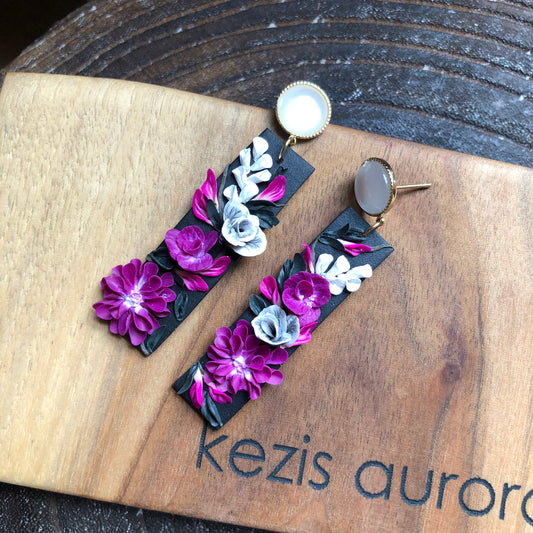 Fuchsia Florals, Polymer Clay Dangles on 14k Gold Filled Posts or Hooks