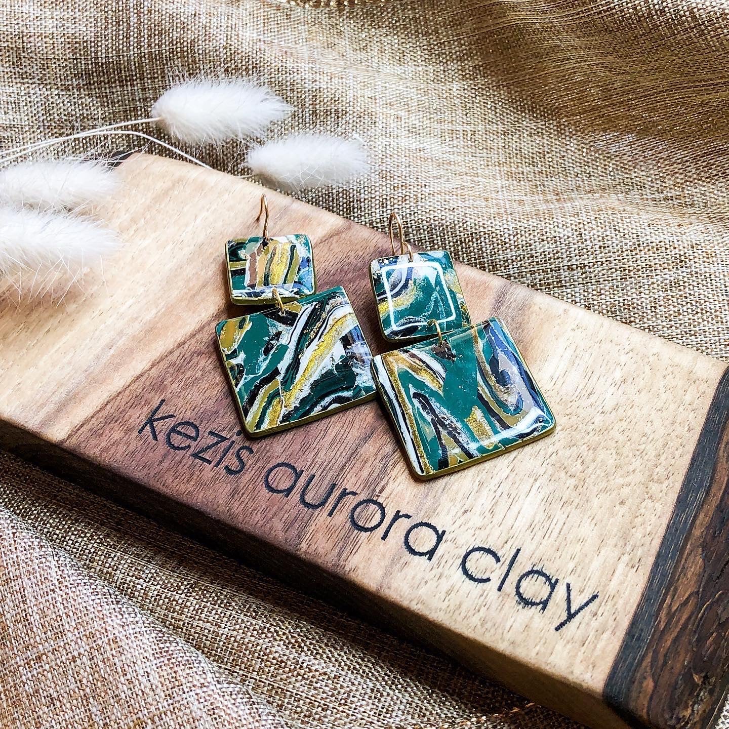 Earth Tone Polymer Clay Square Dangle Earrings on 14k Gold Filled Wire, Canadian Made