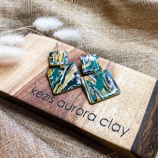 Earth Tone Polymer Clay Square Dangle Earrings on 14k Gold Filled Wire, Canadian Made