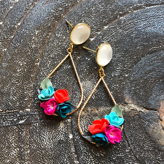 Summer Dreams, Polymer Clay Dangles with 14k Gold Tear Drop Charm on 14k Gold Filled Faux Pearl Stud