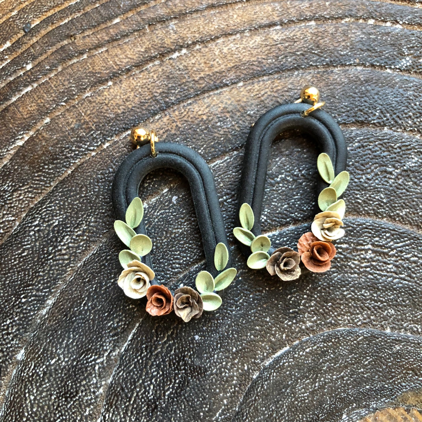 Black Autumn Floral Polymer Clay Dangles on 14k Gold Filled Posts