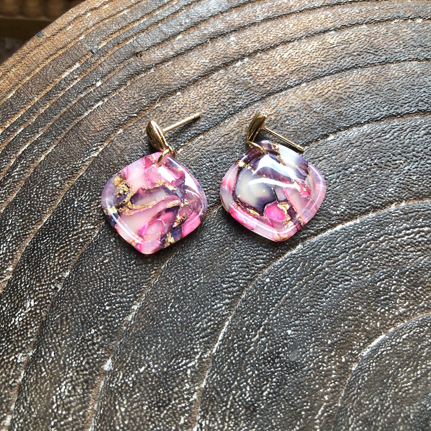 Pinks and Gold, Polymer Clay Dangles on 14k Gold Studs