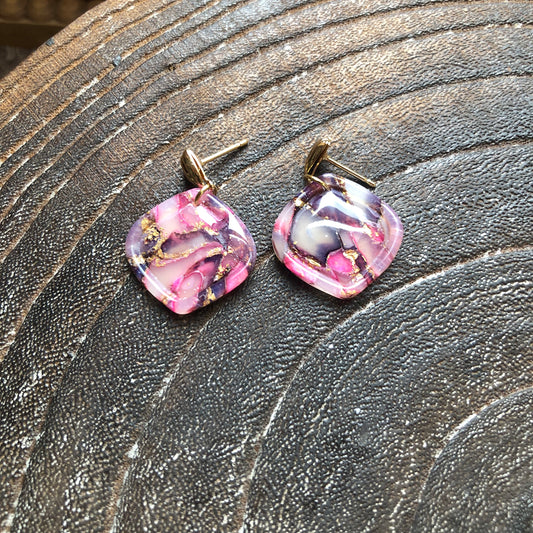 Pinks and Gold, Polymer Clay Dangles on 14k Gold Studs