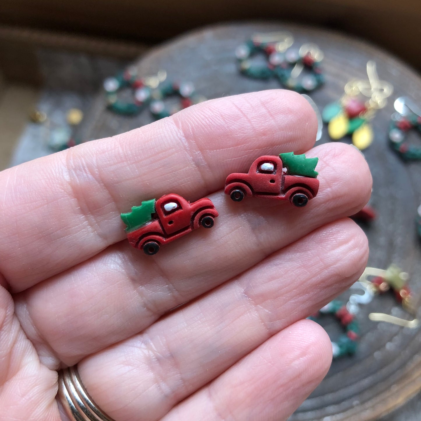 Christmas Studs, Vintage Truck in Polymer Clay on Surgical Stainless Steel