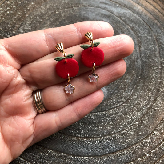 Red Apple Polymer Clay Dangle Earrings on 14K Gold Filled Posts, Hypoallergenic