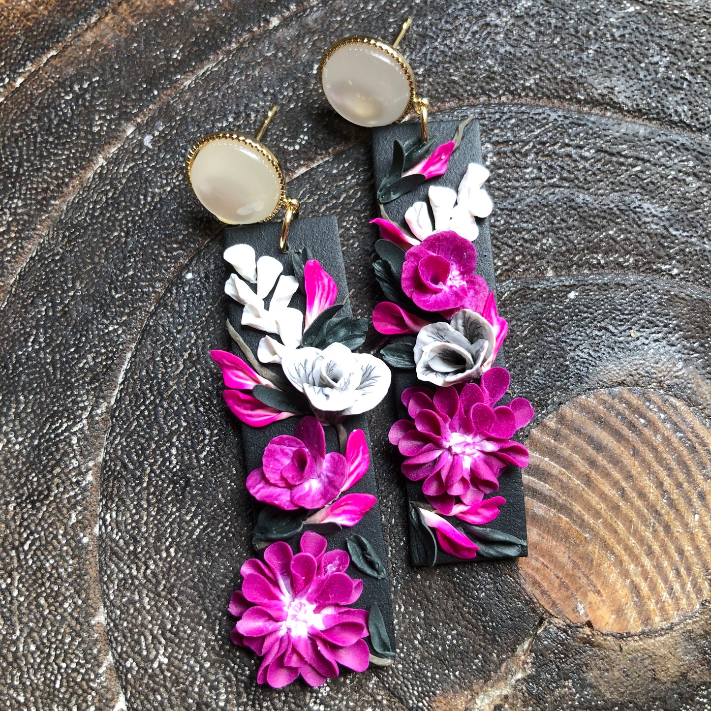 Fuchsia Florals, Polymer Clay Dangles on 14k Gold Filled Posts or Hooks