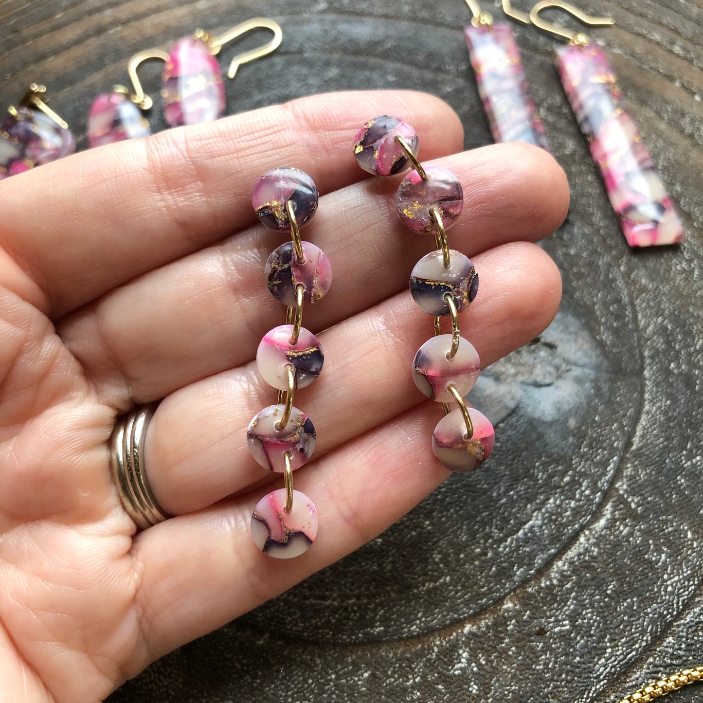 Pinks and Golds, Polymer Clay Circle Dangles on Surgical Stainless Steel