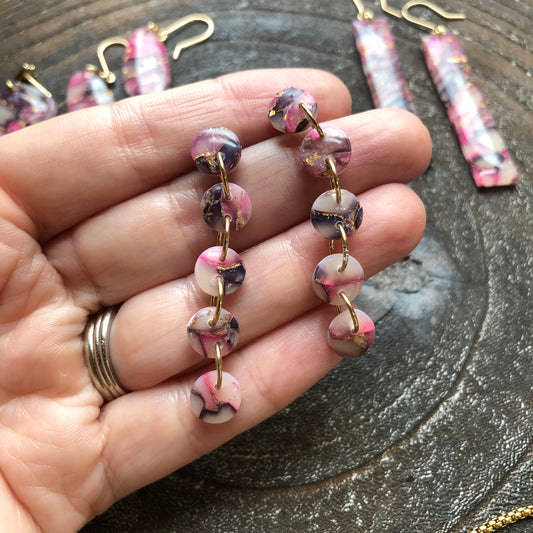 Pinks and Golds, Polymer Clay Circle Dangles on Surgical Stainless Steel
