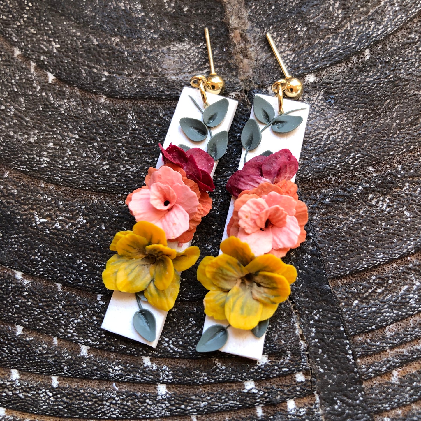 Summer 2025 Polymer Clay Collection, Long Rectangular Dangle Earrings on Gold Plated Ball Posts