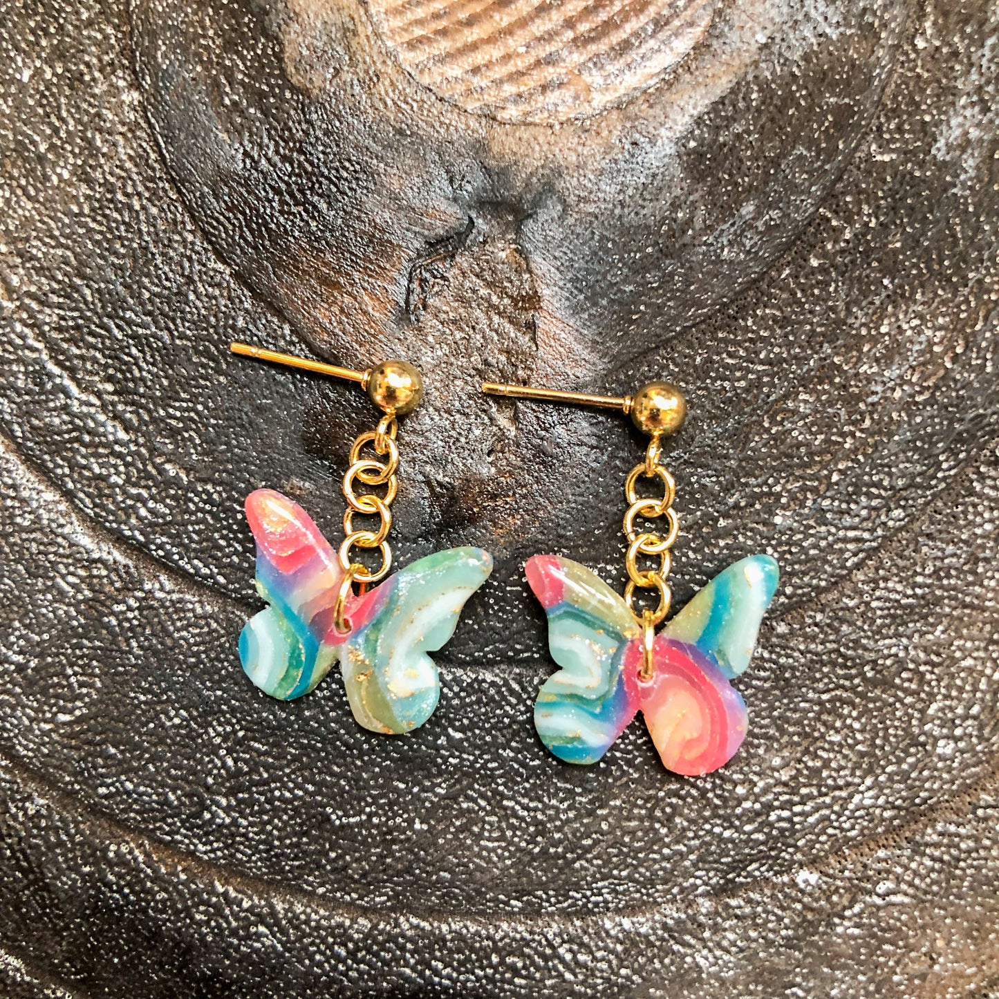 Flecks of Gold Collection, Butterfly Dangles, on Gold Ball Posts