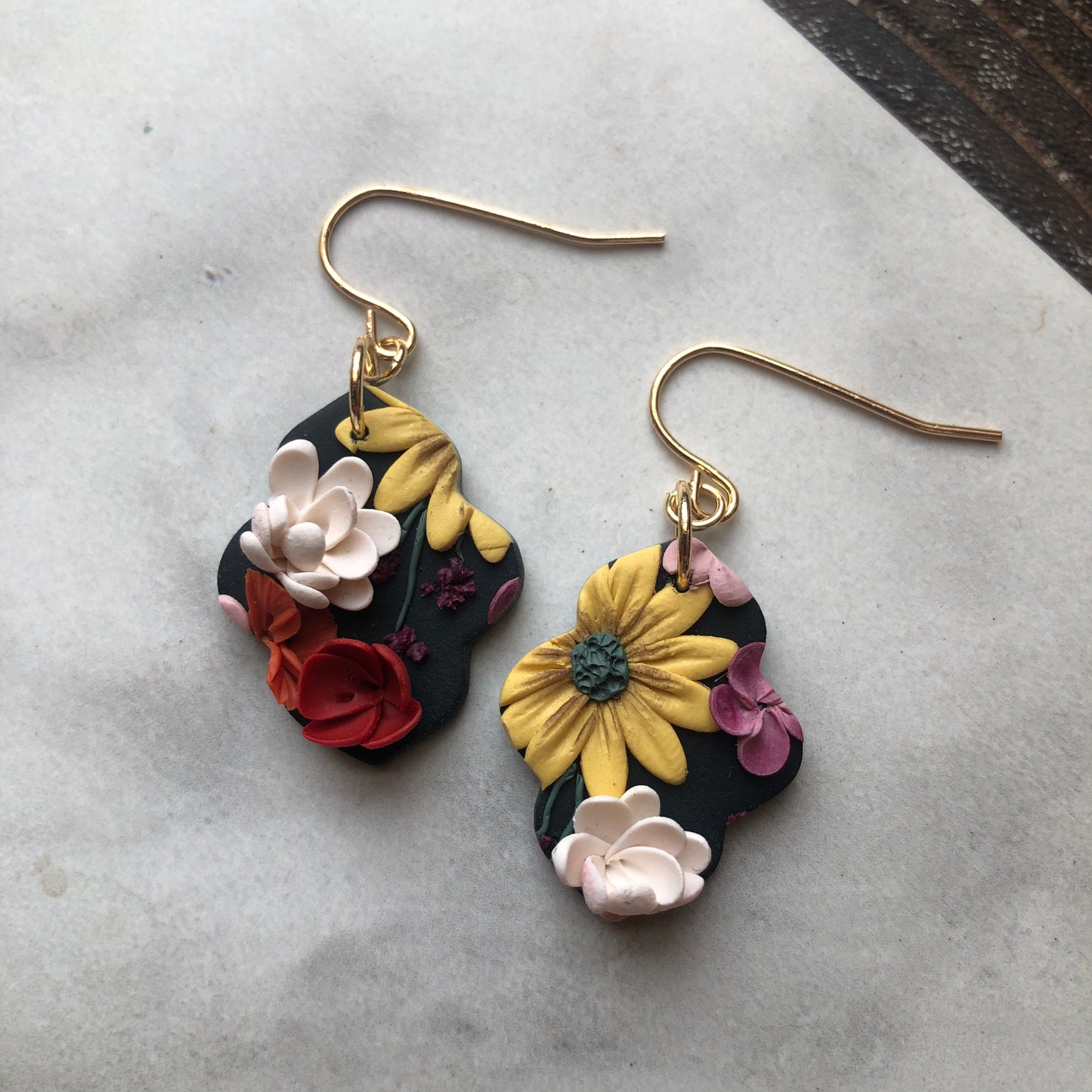Wild Flowers in Polymer Clay on 14k Gold