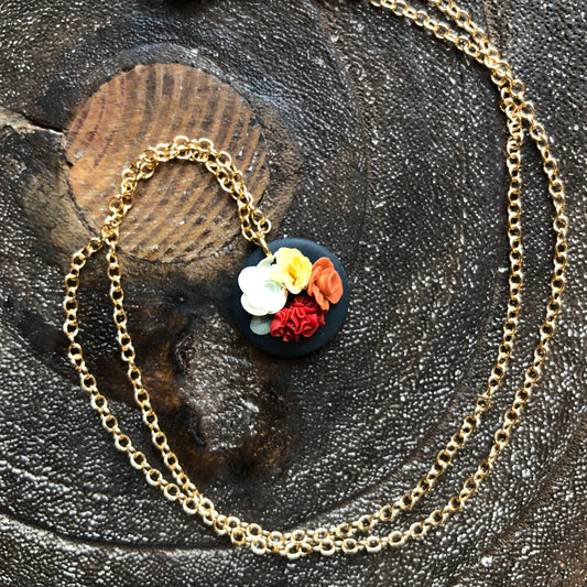 Bright Autumn Floral Polymer Clay Necklace on 14k Gold Filled Chain, 18”