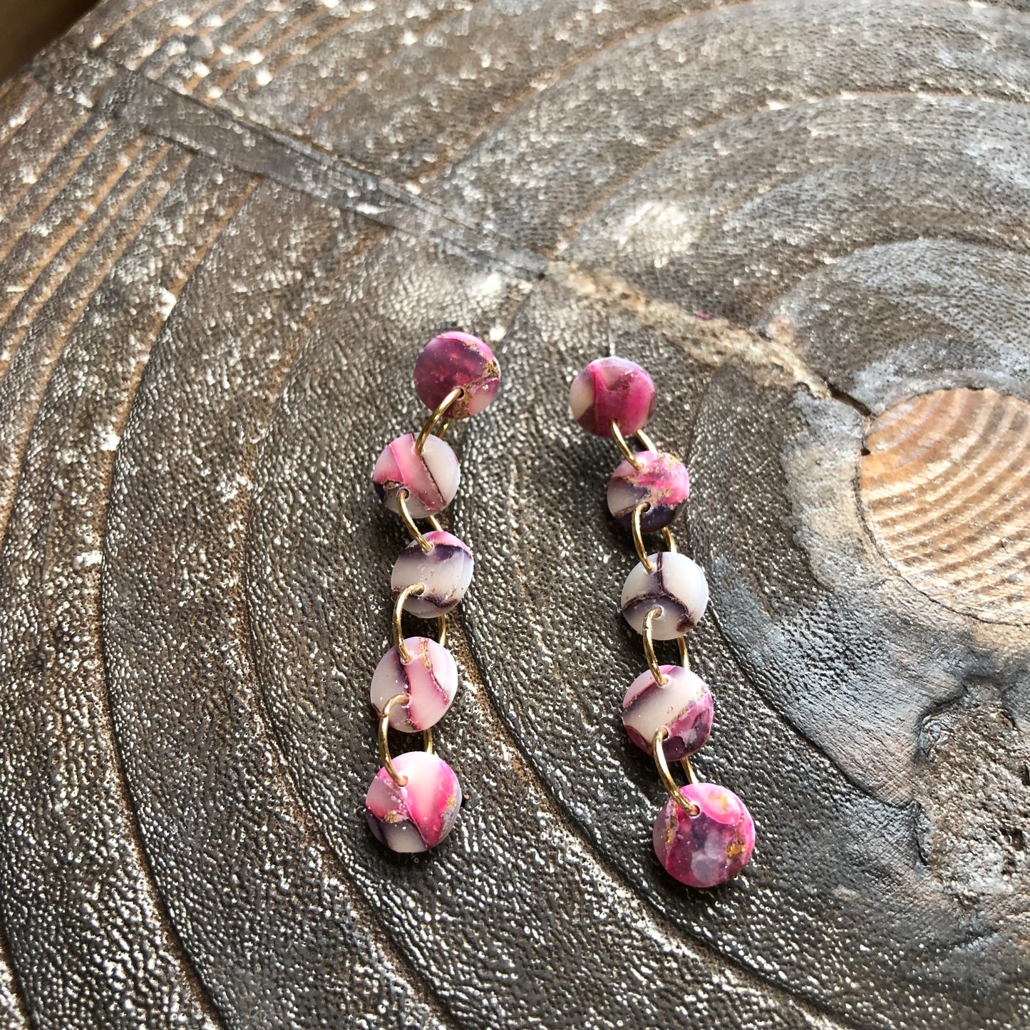 Pinks and Golds, Polymer Clay Circle Dangles on Surgical Stainless Steel