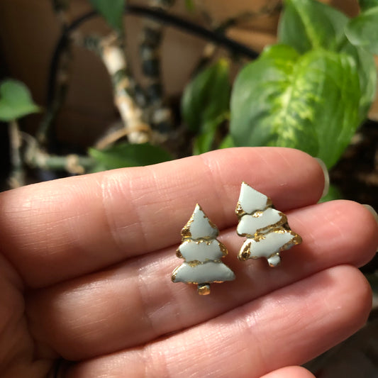 Pale Blue Christmas Trees, Polymer Clay Studs on Surgical Stainless Steel