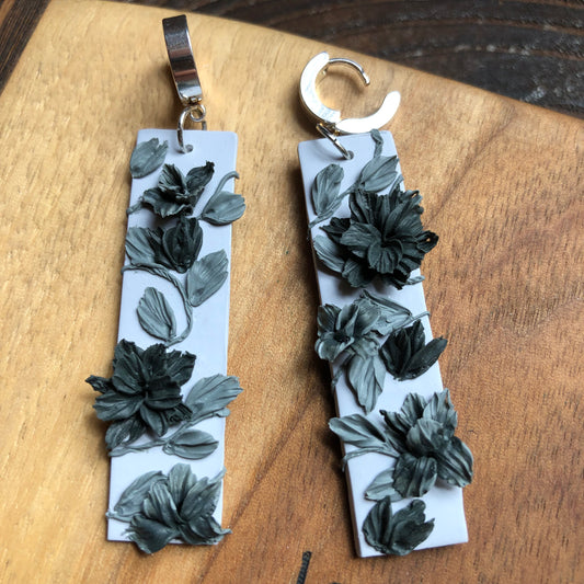 Grey Florals, Polymer Clay Dangles on Stainless Steel Huggies