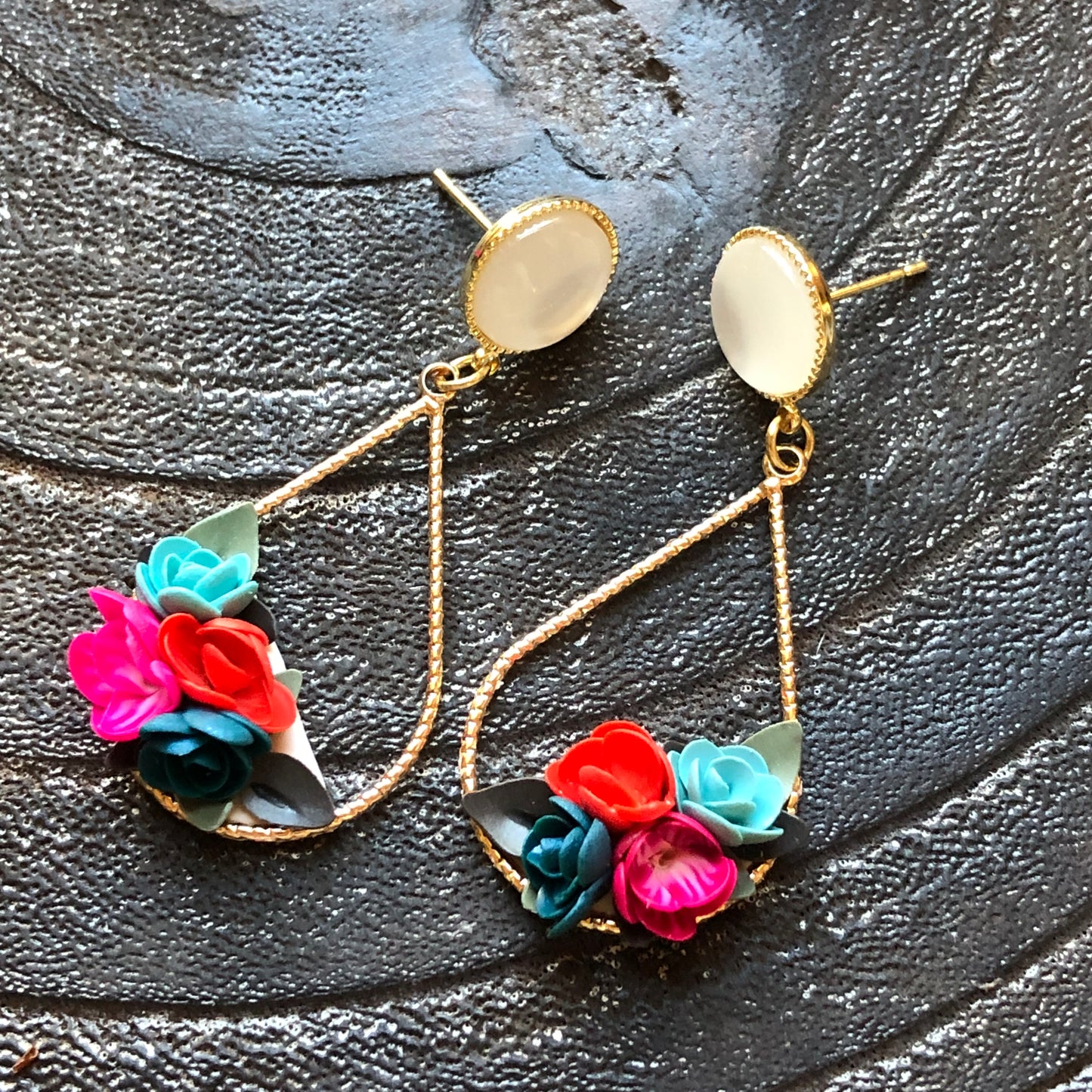 Summer Dreams, Polymer Clay Dangles with 14k Gold Tear Drop Charm on 14k Gold Filled Faux Pearl Stud