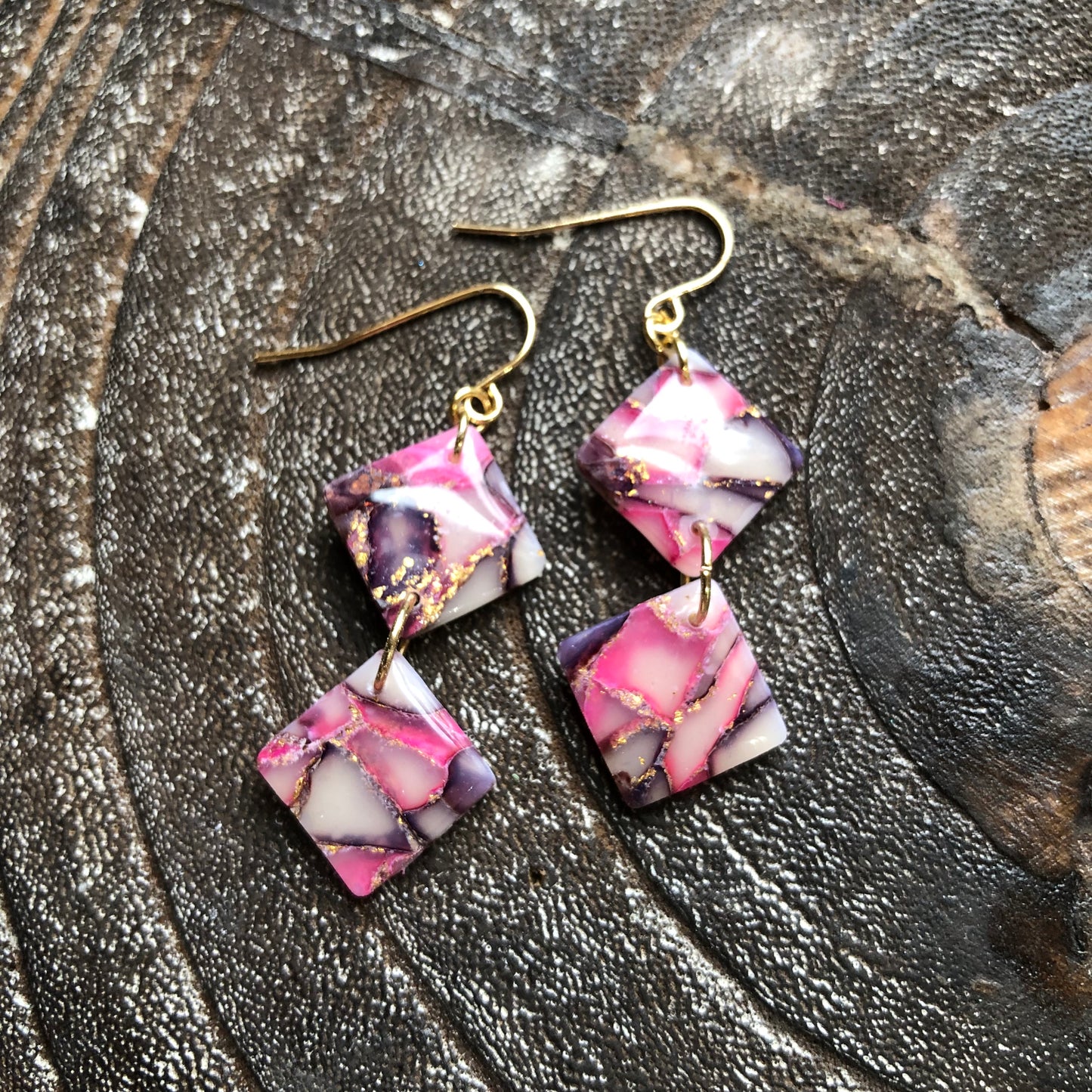 Pinks and Golds, Polymer Clay Diamond Dangles on 14k Gold Filled Hooks