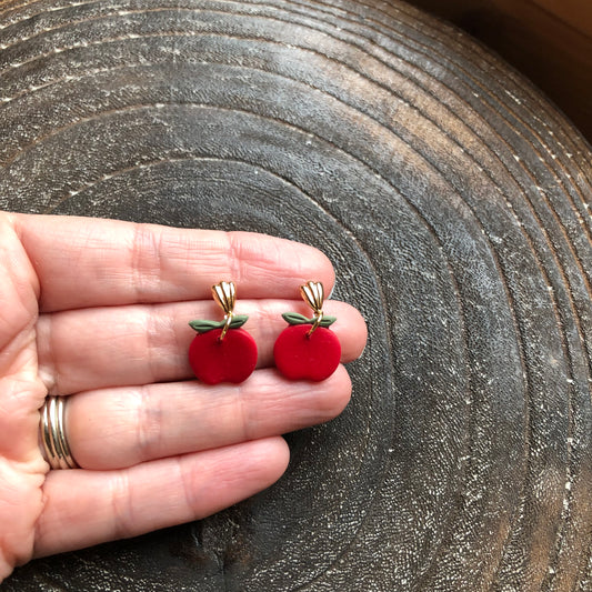 Red Apple Polymer Clay Dangle Earrings on 14k Gold Filled Posts