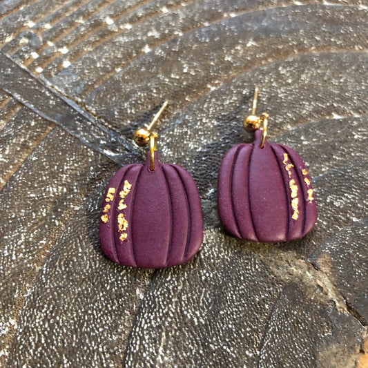 Burgundy Pumpkin Polymer Clay Dangles on 14k Gold Ball Posts