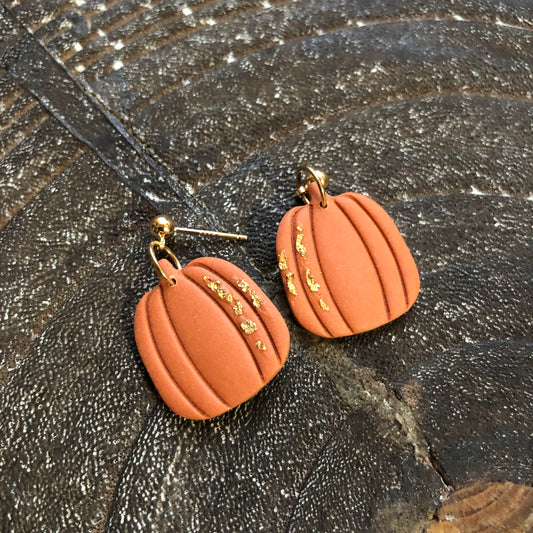 Pumpkin Dangles in Orange Polymer Clay, on 14k Gold Filled Ball Posts