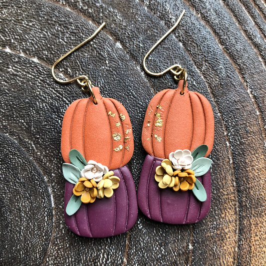 Pumpkin Dangles in Burgundy and Orange, on 14k Gold Filled Hooks