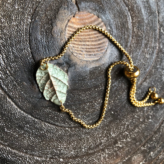 Leaf Bracelet, Polymer Clay Leaf on Adjustable Bracelet