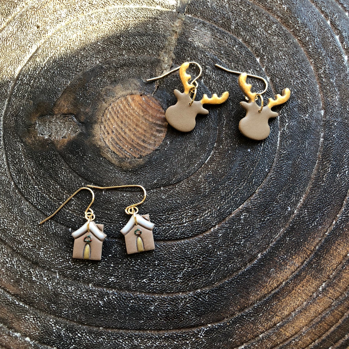 Reindeer and Gingerbread House Polymer Clay Dangles