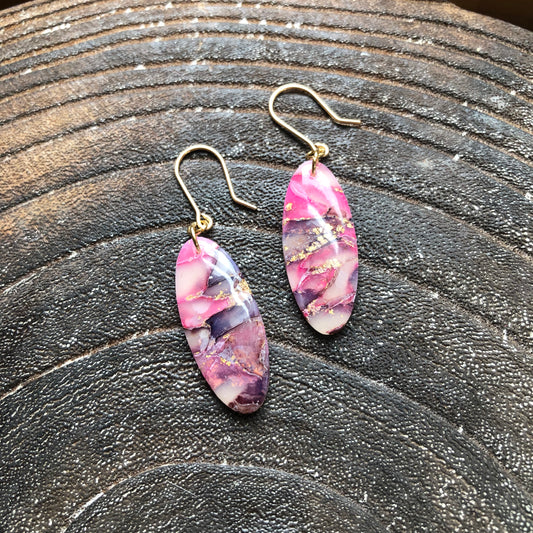 Pinks and Gold, Polymer Clay Oval Dangles on 14k Gold Hooks