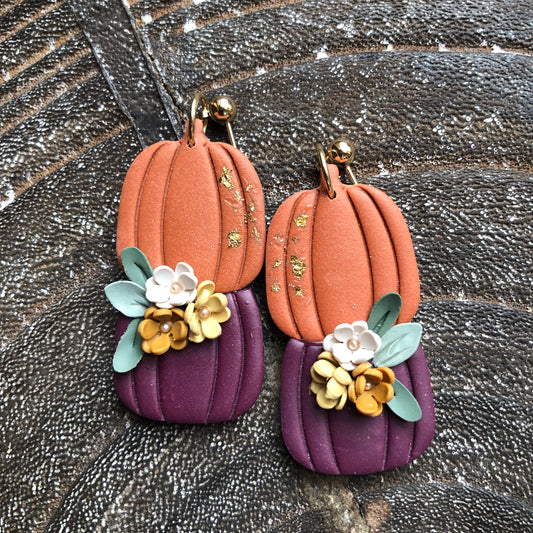 Pumpkin Dangles in Burgundy and Orange, on 14k Gold Filled Ball Posts