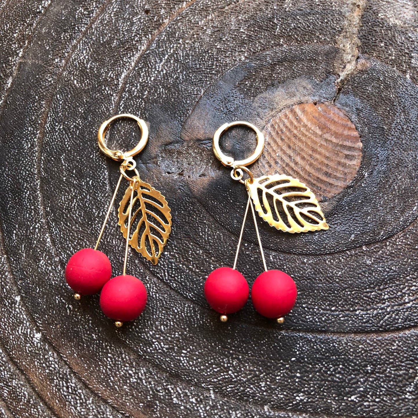 Cherry Dangle Polymer Clay Earrings on 14k Gold Huggies