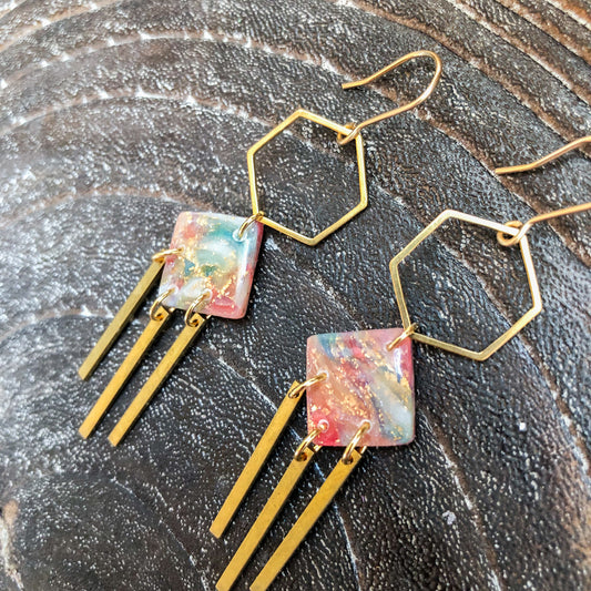 Flecks of Gold Collection, Diamonds and Hexagons, on 14k Gold Filled Hooks
