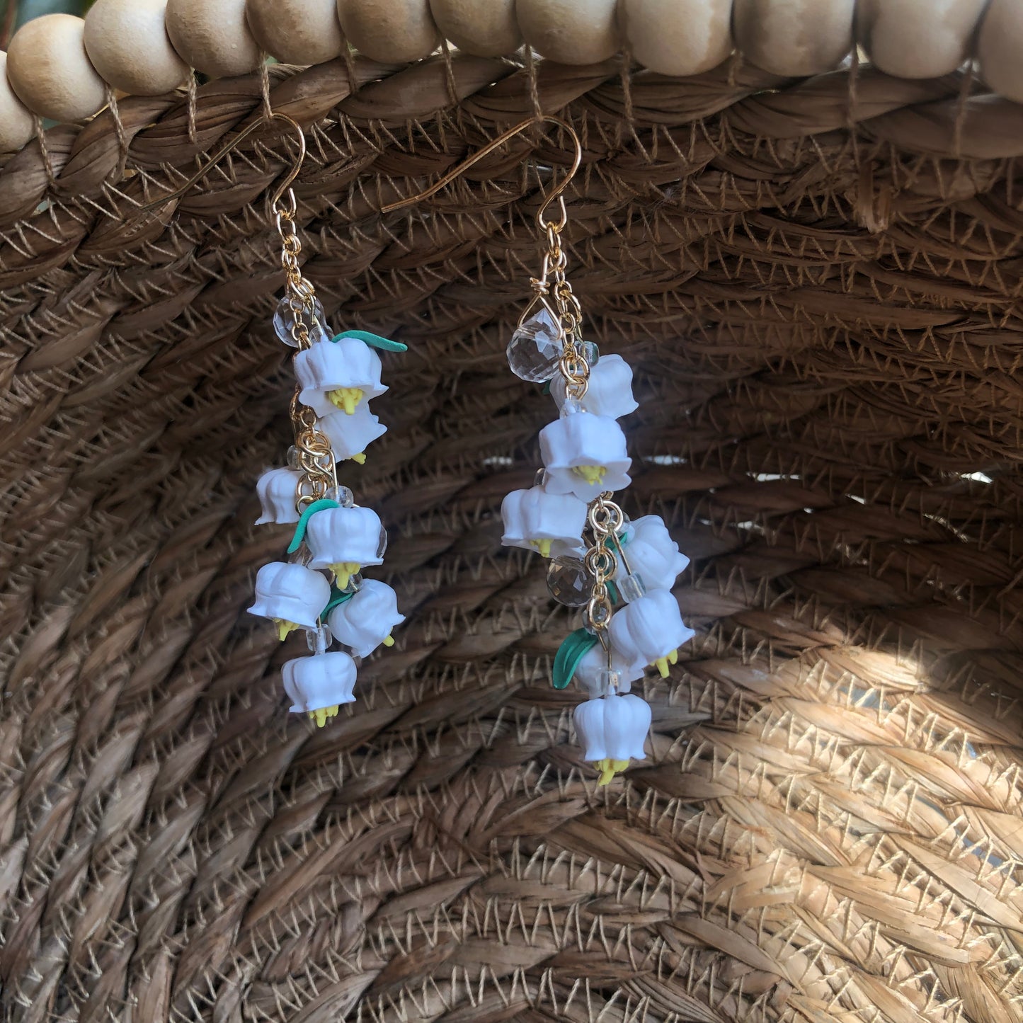 Lily of the Valley, Polymer Clay Dangle Earrings on 14k