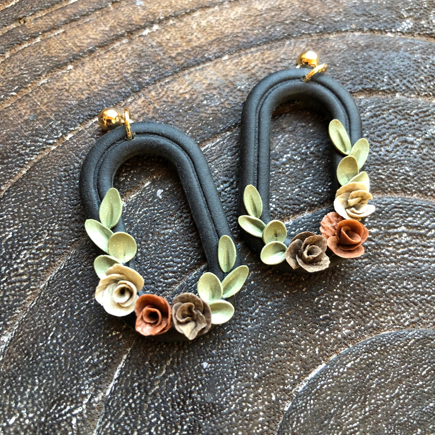 Black Autumn Floral Polymer Clay Dangles on 14k Gold Filled Posts