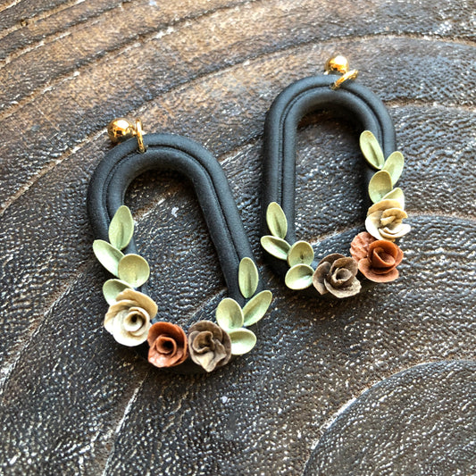 Black Autumn Floral Polymer Clay Dangles on 14k Gold Filled Posts
