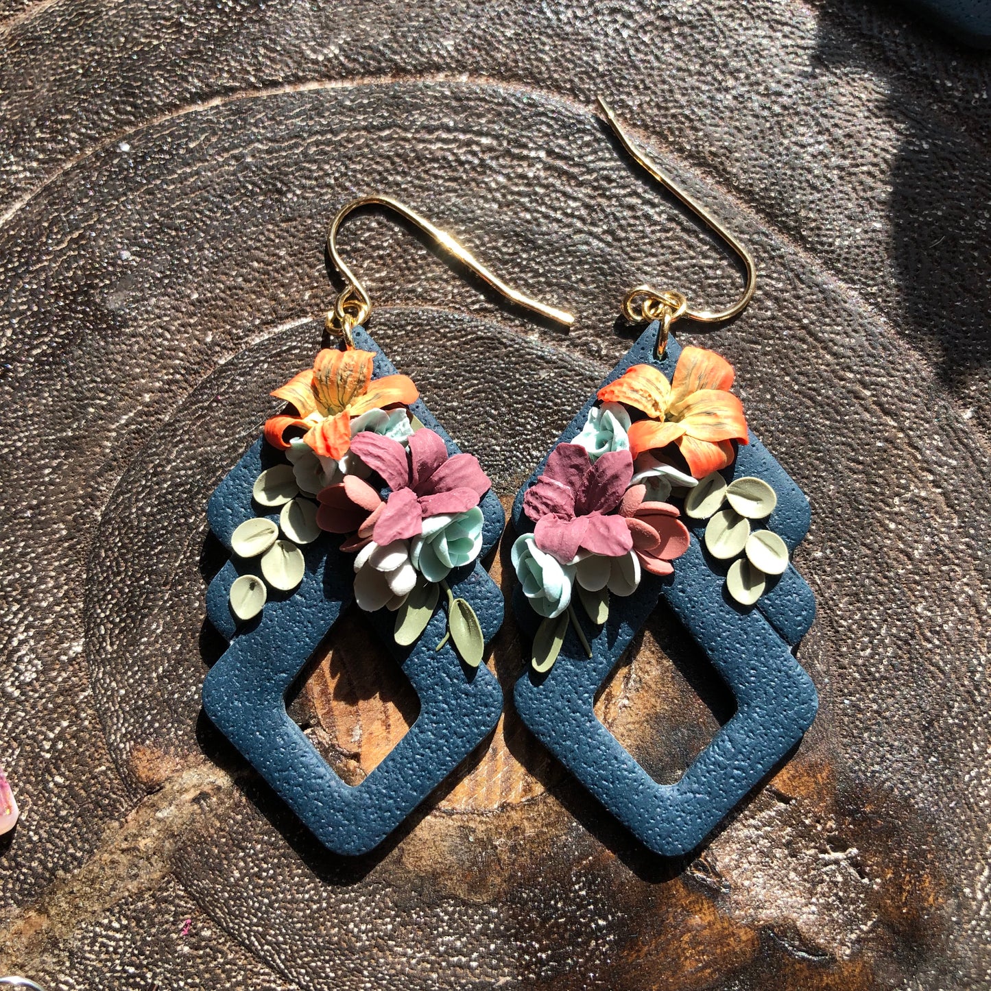 Tropical Autumn, Polymer Clay Dangle Earrings on 14k Gold Hooks