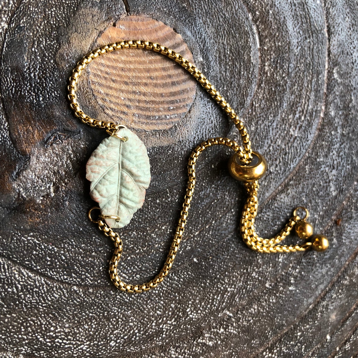 Leaf Bracelet, Polymer Clay Leaf on Adjustable Bracelet