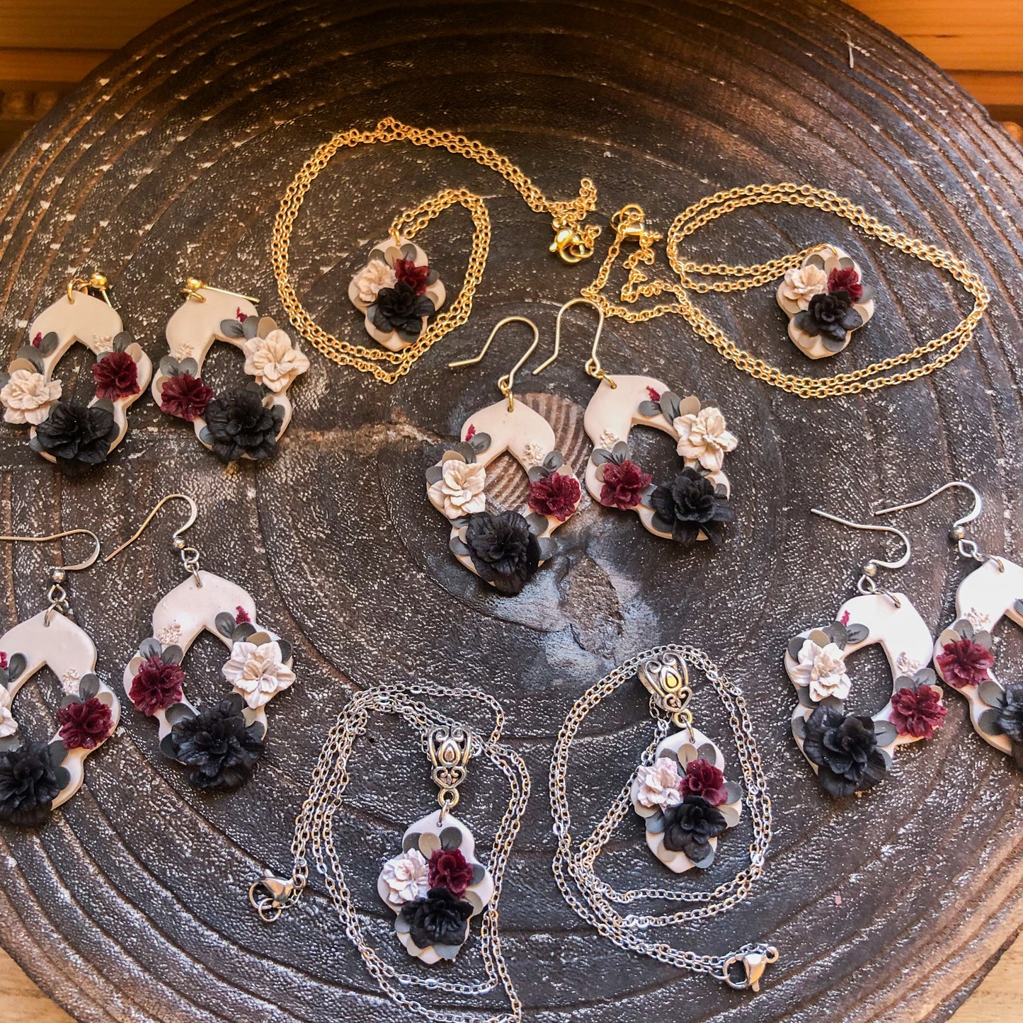 Dark and Moody Collection, Polymer Clay, Gold and Silver Options Earrings and Necklaces