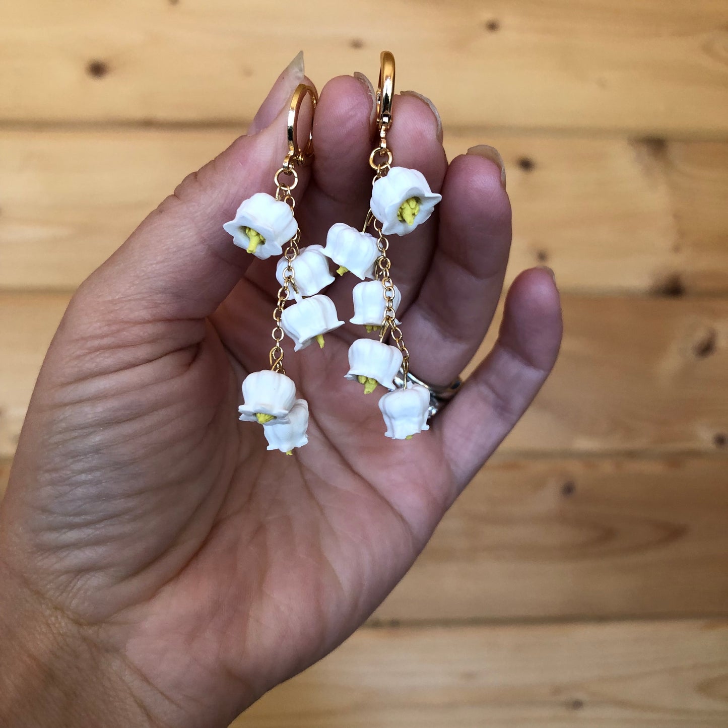 Lily of the Valley Polymer Clay Dangles on 14k Gold Filled Huggies
