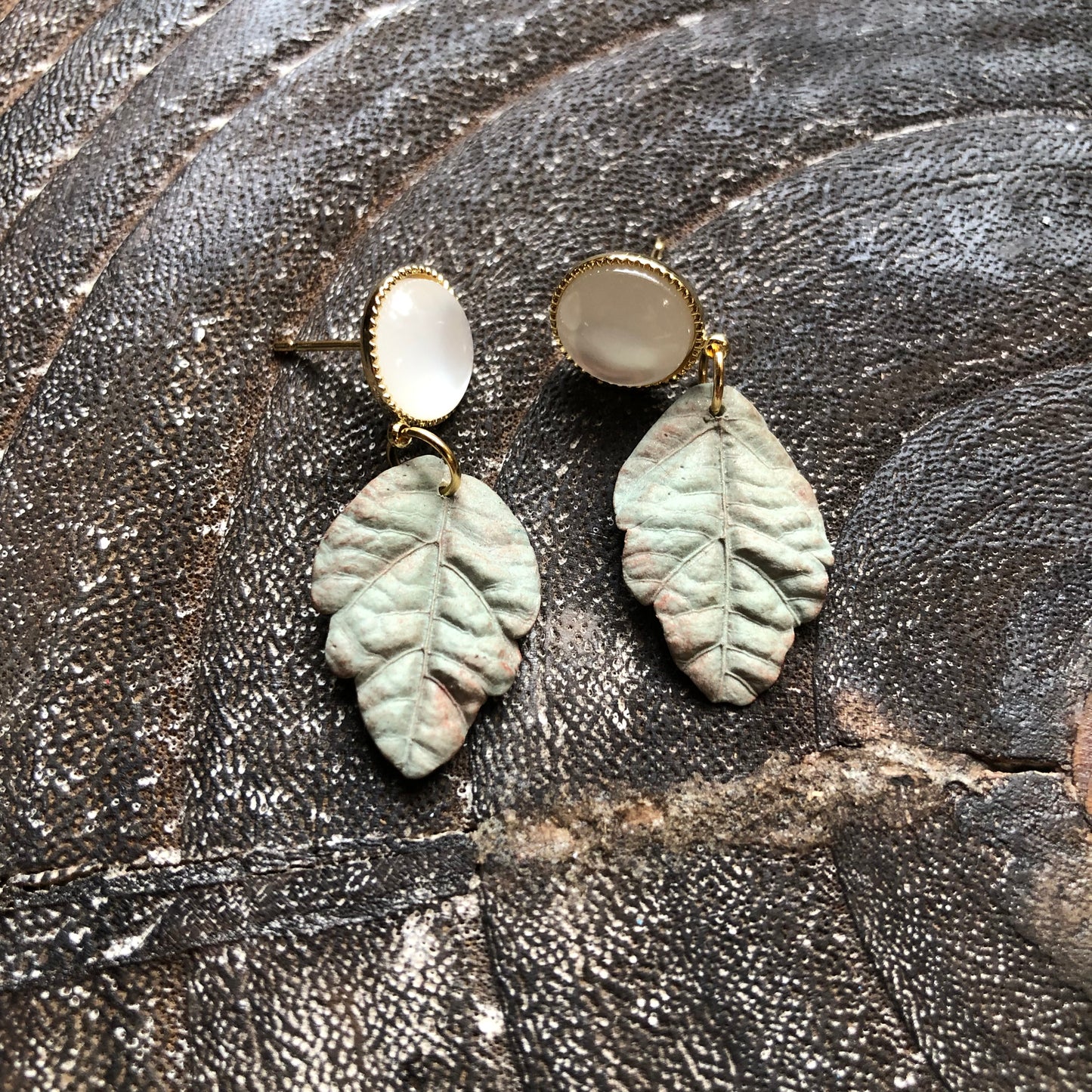 Leaf Earrings, Polymer Clay, 14k Gold Filled Faux Pearl Stud